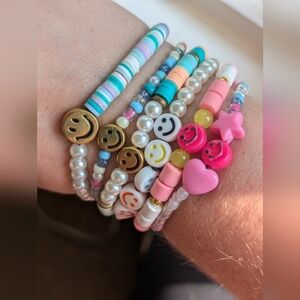 Hand Crafted Pink and Blue Happy Face Beaded Bracelets Set Of 6